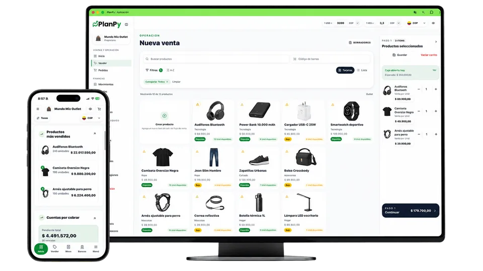 Panel de ventas e inventario de PlanPy en computador y celular