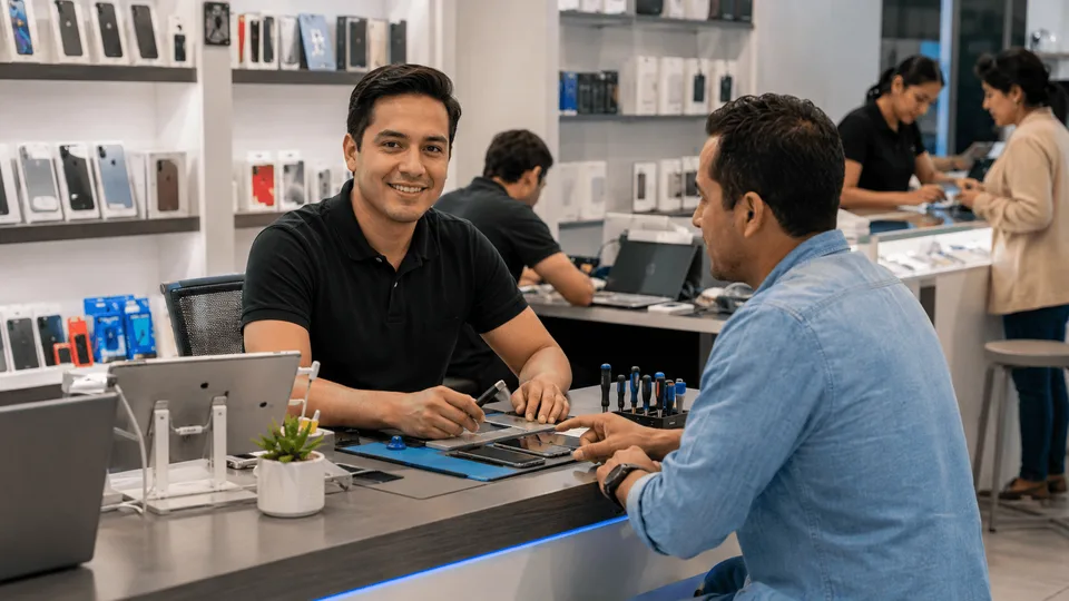 Servicio técnico atendiendo clientes y gestionando reparaciones