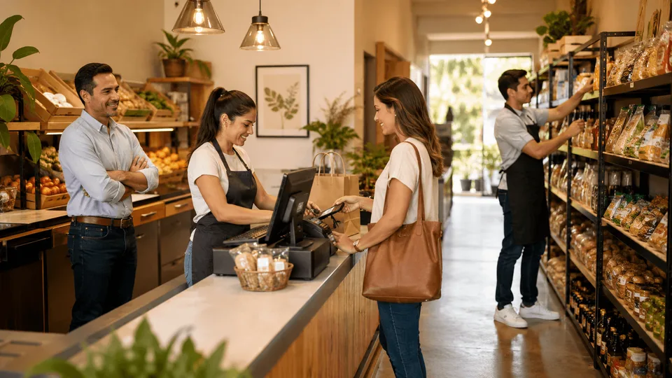 Tienda y comercio operando con cobro en caja y reposición de productos